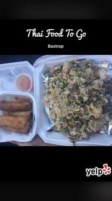 Beef fried rice and egg rolls