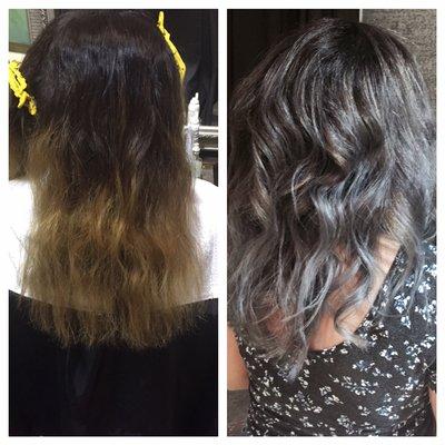 Silver ombré before and after