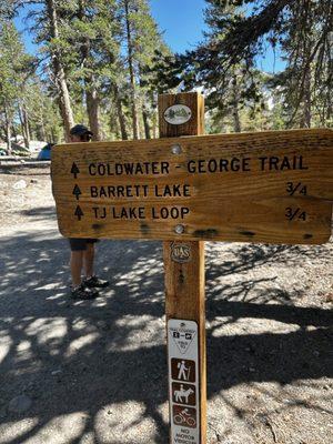 From the parking lot they have this sign for George trail, Barrett Lake and T J lake. We pass all three of them.