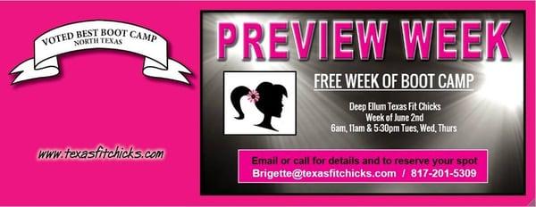 email Brigette@texasfitchicks.com to reserve your spot for the FREE Preview Week June 2-4!