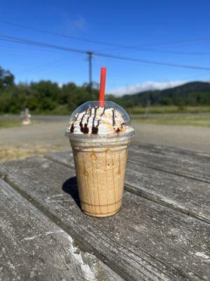 Blended mocha with whip and chocolate sauce