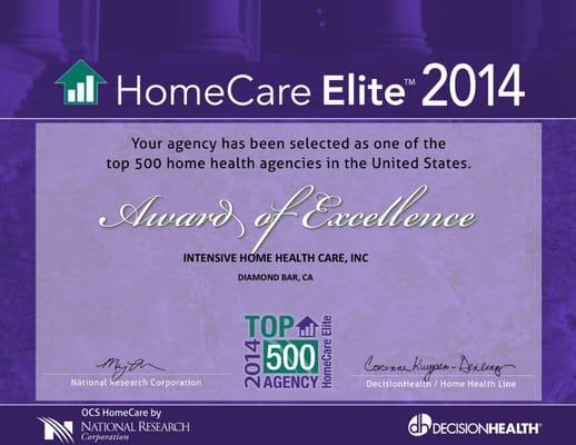 IHHC was named Top 500 Nationwide of the 2014 HomeCare Elite™