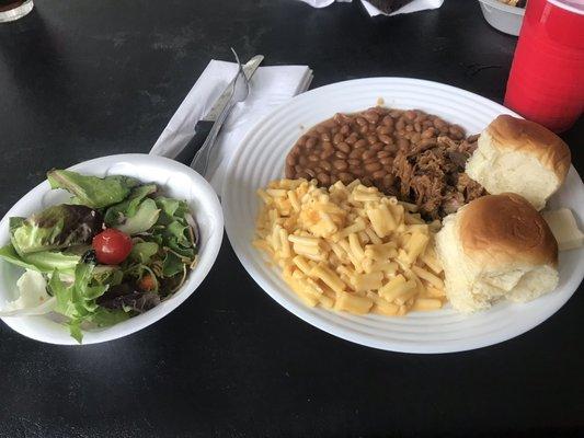 Dinner for 6/5/19: pulled pork, baked beans, Mac n cheese, dinner rolls and salad.