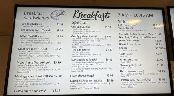 Breakfast menu