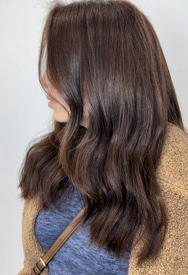 Custom Colour- Rich Chocolate  
 Custom Cut- Long Layers 
 Products (AVEDA)- Be Curly Prep + Texture Tonic + Air Control