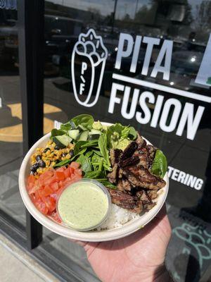 Steak rice bowl with Corn and black beans