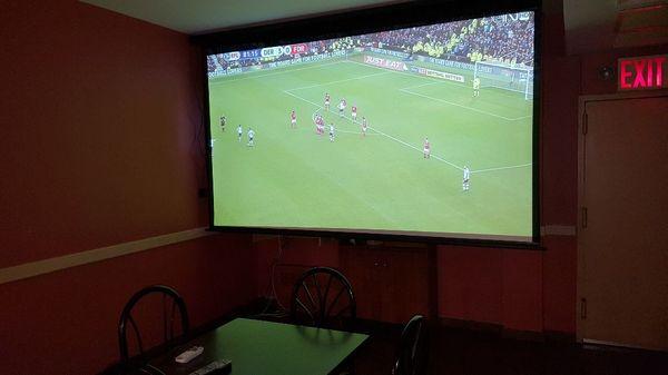 HD projector with 125 inch screen for sporting events.