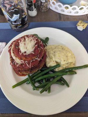 Eggplant parm with green beans and mashed potatoes