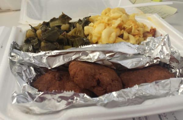 Salmon patties, collard greens, mac & cheese