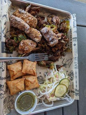 Mushroom tenders, Brussels sprouts, pimento cheese wontons