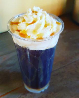 Iced salted caramel, white chocolate iced coffee, with sweet cream and whipped