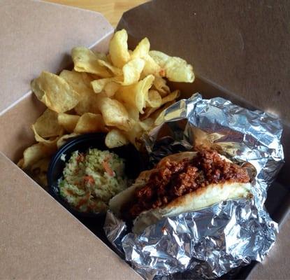 Catered lunch: bison sloppy joes, kettle chips and homemade coleslaw. Yum!!