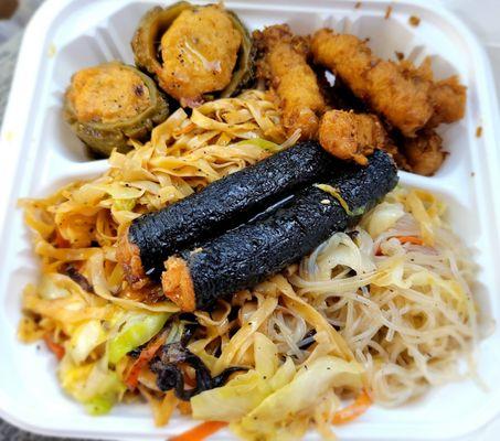 Half flat and vermicelli noodles. With stuffed bitter melon, imitation lemongrass chicken, and seaweed rolled imitation meat. So yum!