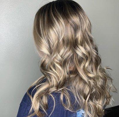 Balayage with root smudge to blond highlights and lowlights!