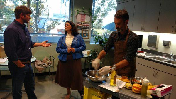 Clay with Host Celeste Headlee talks with Atlanta chef Steven Satterfield as he prepares to make some dishes using peanut oil.