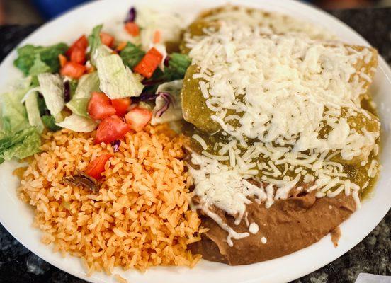 El Campo Green Chile Enchiladas with Spanish rice and creamy smooth beans