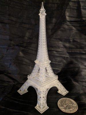 Clear Eiffel Tower printed at 100 microns in FormLabs Standard Clear resin on Form 2. Thingiverse: https://www.thingiverse.com/thing:1219824