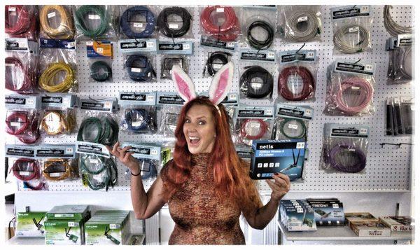 Lisa Wood showing off Network cable selection must be around Easter time....