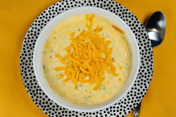 Warm up with our creamy broccoli and cheese soup! A comforting blend of tender broccoli and rich cheese. #LoadedTaters #FunFoodForGreatTimes