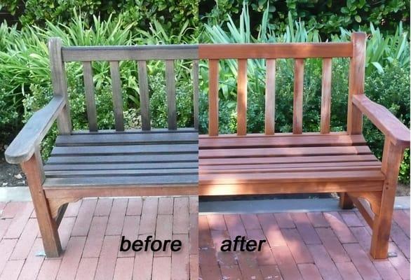 Bench which has been cleaned and sealed restoring the natural luster of the wood.