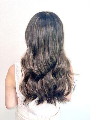 Subtle Caramel balayage on dark virgin hair