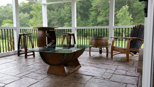 Custom barrel table and other porch furniture.