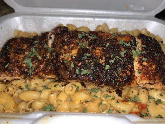 Blacked Salmon with Spicy Crawfish Mac & Cheese