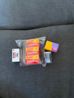 Film haul. 3 for $20 Kodak color plus, porta 800, ilford 400, and jazzy blues specialty film!