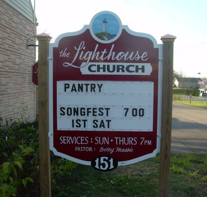 Lighthouse Church, 151 Neosha Ave, Springfield, OH. MDO plywood with hand painted lettering and Art, and changeable letter track