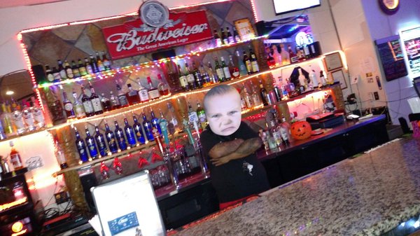 Don't make the baby mad. Come in and have a drink