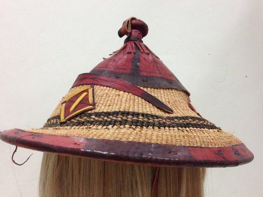 WOVEN GRASS & LEATHER HAT W/ STRAPS (GHANA)