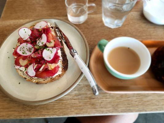 Salmon tartine w/(disappointedly) tepid Earl Grey tea, simple syrup and cream