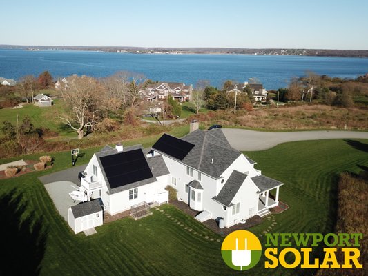 An aerial shot overlooking a Newport Solar Installation and Narragansett Bay!