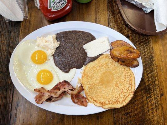 Eggs, Beans, Sweet Plantain, Pancake, Bacon, Cream/Cheese