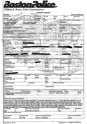 Police report for the hit & run accident caused by a Dattco bus with license plate number 38670 (mass)