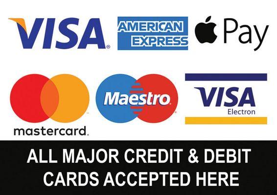 We accept all major credit and debit cards including Apple Pay and Google Pay. All repairs come with a 6-month warranty.