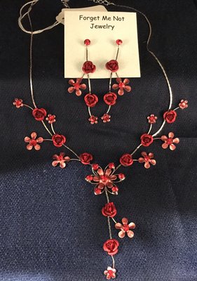 Beautiful red rhinestone rose necklace set.