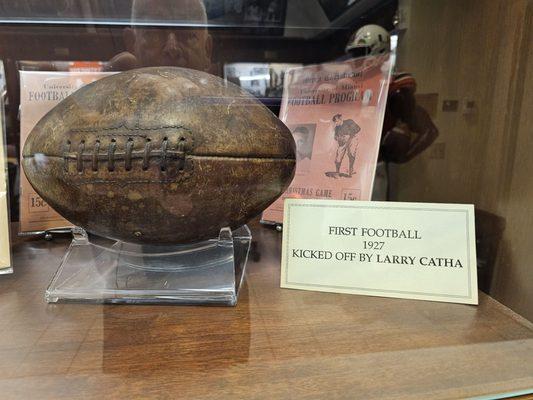 Almost 100 years old, this is the football kicked off to start Miami's first football game in 1927.