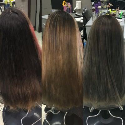 The process to get her a silver ombré. From left to right, before, during, and after!