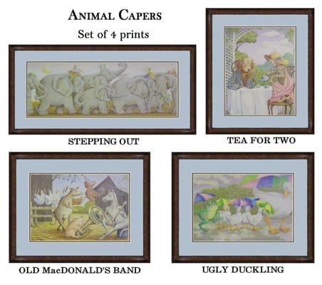 This set of 4 prints is called ANIMAL CAPERS. Brett decided he wanted to do something for children or for "adults with a whim...