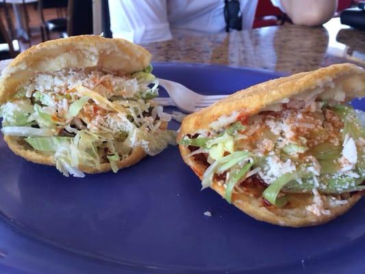 Gorditas! Deep fried corn cakes made into a "hamburger" pocket! Freshly fried.. Piping hot!! Yum!!