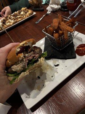 This blue cheese burger was the best burger I have had in a long time.  Juicy and perfect.  Sweet pot. fries were outstanding.