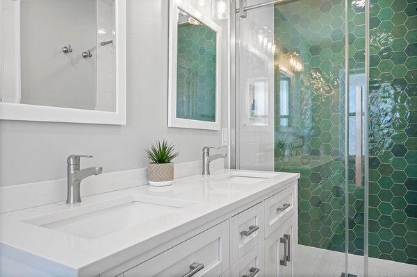 Elegant utility: A double vanity bathroom with clean lines and a spacious, well-organized design.