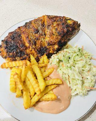 Grilled tilapia with fries & coleslaw