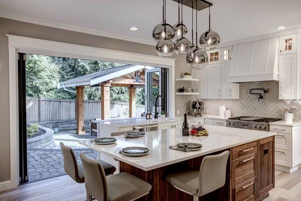 Woodinville WA Kitchen Remodel with folding door & windows to outdoor patio