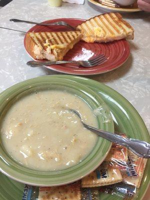 Yummy grilled cheese and chicken dumpling soup.