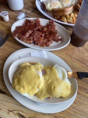 Eggs, Benedict with a side of corn beef and hash