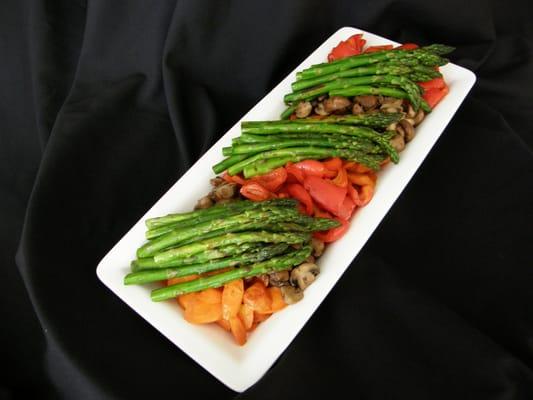 Roasted vegetables as an appetizer, with balsamic vinegar, feta cheese optional.