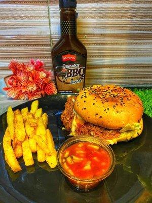 Burger, beer, fries & chattni