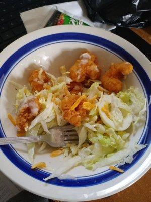 Small fried shrimp salad, it was too much for the little carton so I had to put it in a bigger bowl. Only includes lettuce, cheese, and eggs